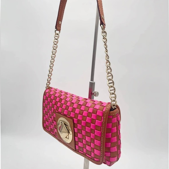 KATE SPADE VTG Pink Poly & Leather Woven Turn Lock Chain Clutch Shoulder Handbag - Picture 7 of 7